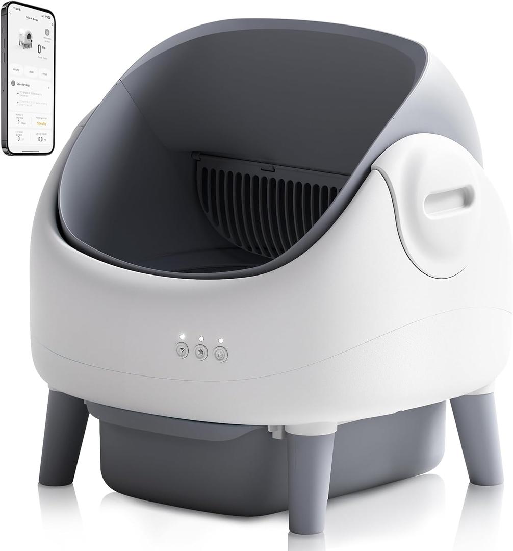 Open-Top Self Cleaning Litter Box, Automatic Cat Litter Box with APP Control, Dual Safety Sensors, Includes Trash Bags, Grey-White