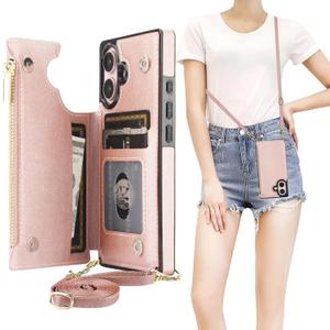 Bocasal Crossbody Wallet Case for iPhone 16 with RFID Blocking Card Slot Holder, Magnetic Flip Folio Purse Case, PU Leather Zipper Handbag with Detachable Lanyard Strap 6.1 Inch 5G (Rose Gold)