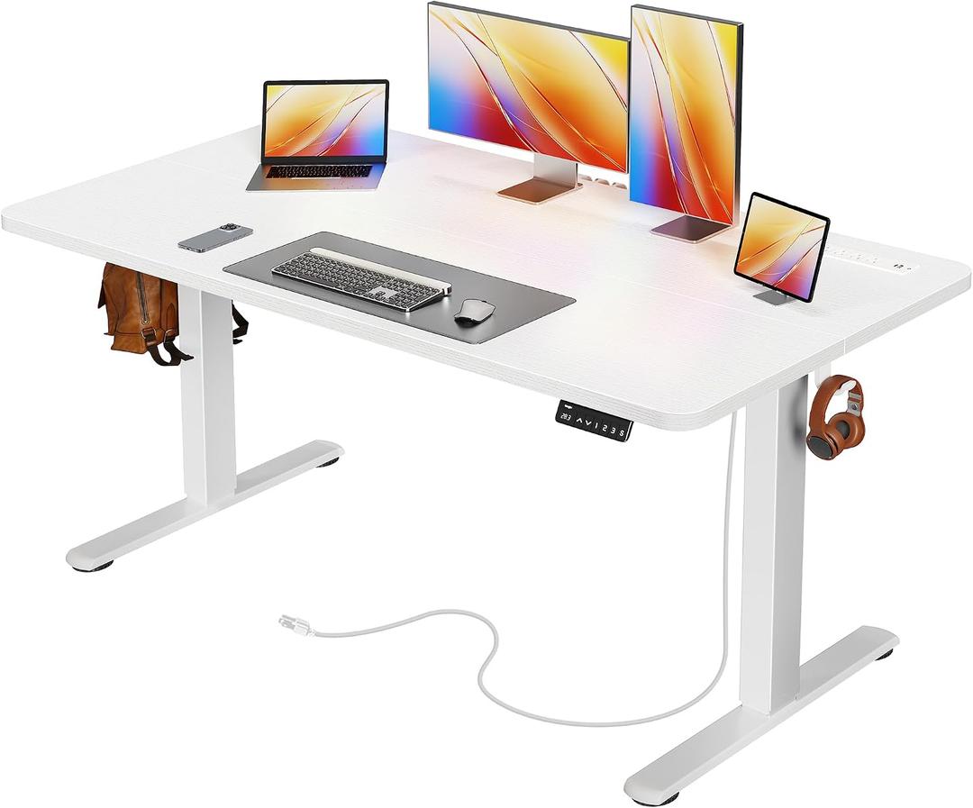 Huuger 55 X 24 Inch Electric Standing Desk with Power Outlets and USB-C Port, Height Adjustable Desk, Sit Stand Desk for Home Office, Computer & Gaming Desk with 3 Presets, Stable Steel Frame, White, 55.1 x 23.6 inch