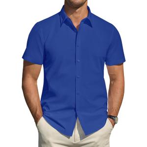 J.VER Men's Short Sleeve Dress Shirts Stretch Stain Shield Casual Button Down Shirts Solid Formal Shirt (Large, Royal Blue)