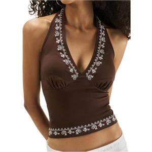 Verdusa Women's Y2k Halter Top Going Out Summer Tops Floral Print Crop Top Boho Backless Shirts (Brown, XS)
