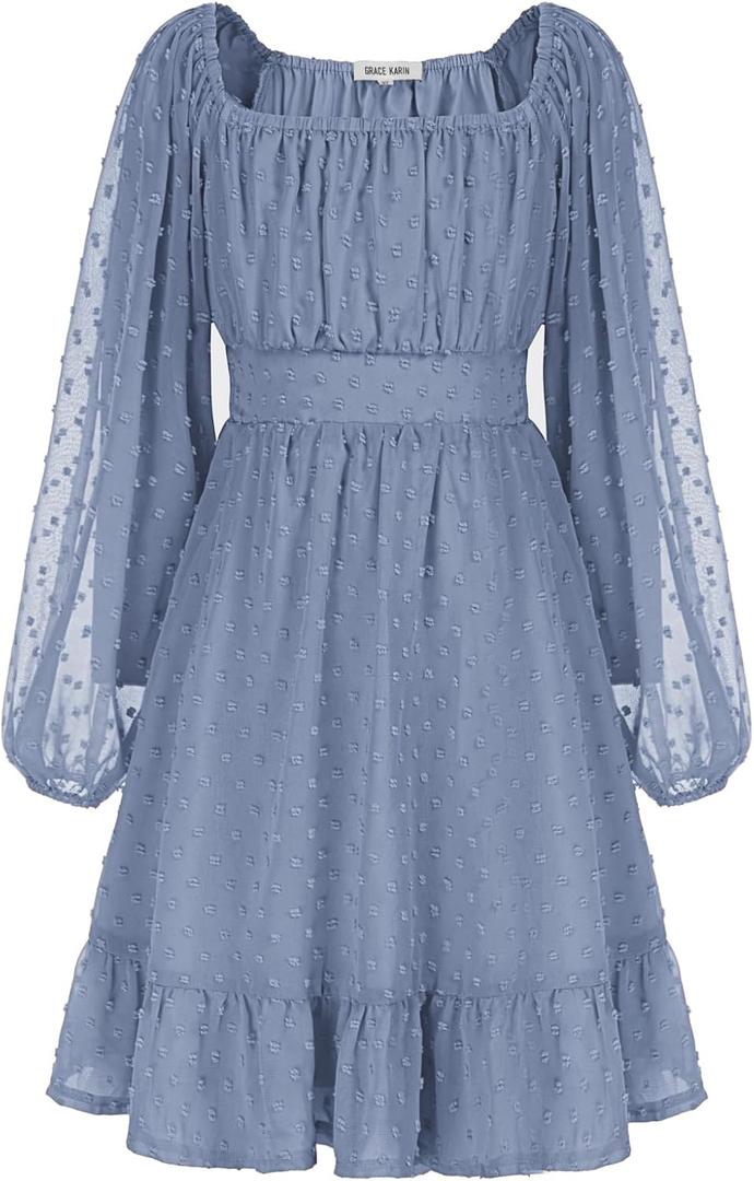 GRACE KARIN Girls Ruffle Tiered Dress Long Sleeve Swiss Dot Flowy A-Line Dress 6-14Y