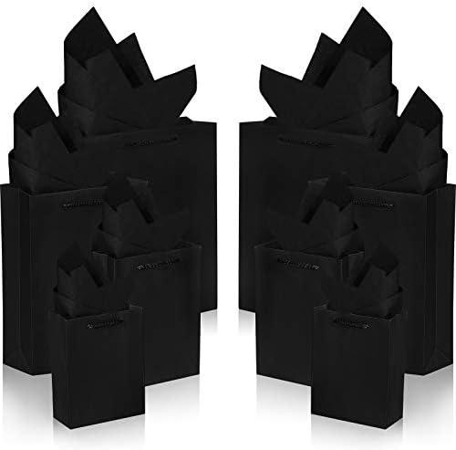 Outus 14 Sets Black Gift Bags Paper Kraft Bags with 14 Pcs Copy Papers 3 Different Sizes in 6/8/13 Inches for Birthday Wedding Parties