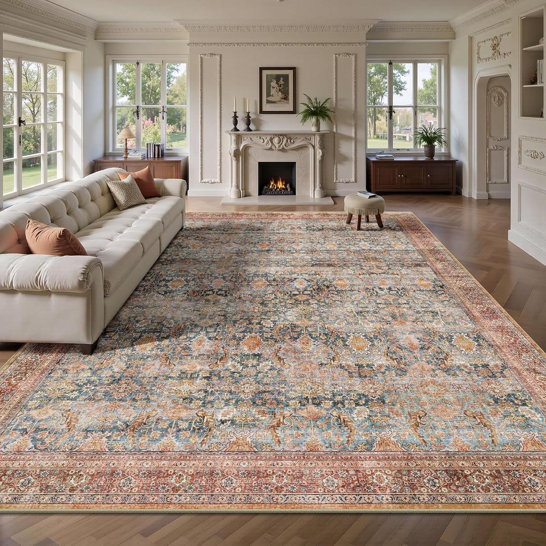 8x10 Area Rugs for Living Room - Washable Vintage Retro Large Rug, Soft Ultra Thin Non Slip Low Pile Traditional Distressed Boho Carpet for Bedroom Dining Room Home Office, Rust Clay