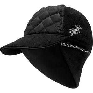 EZPACE Womens Winter Running Hat with Ponytail Hole & Fold-Down Ear Warmers, Reflective Cap for Cold Weather Runs (Black)