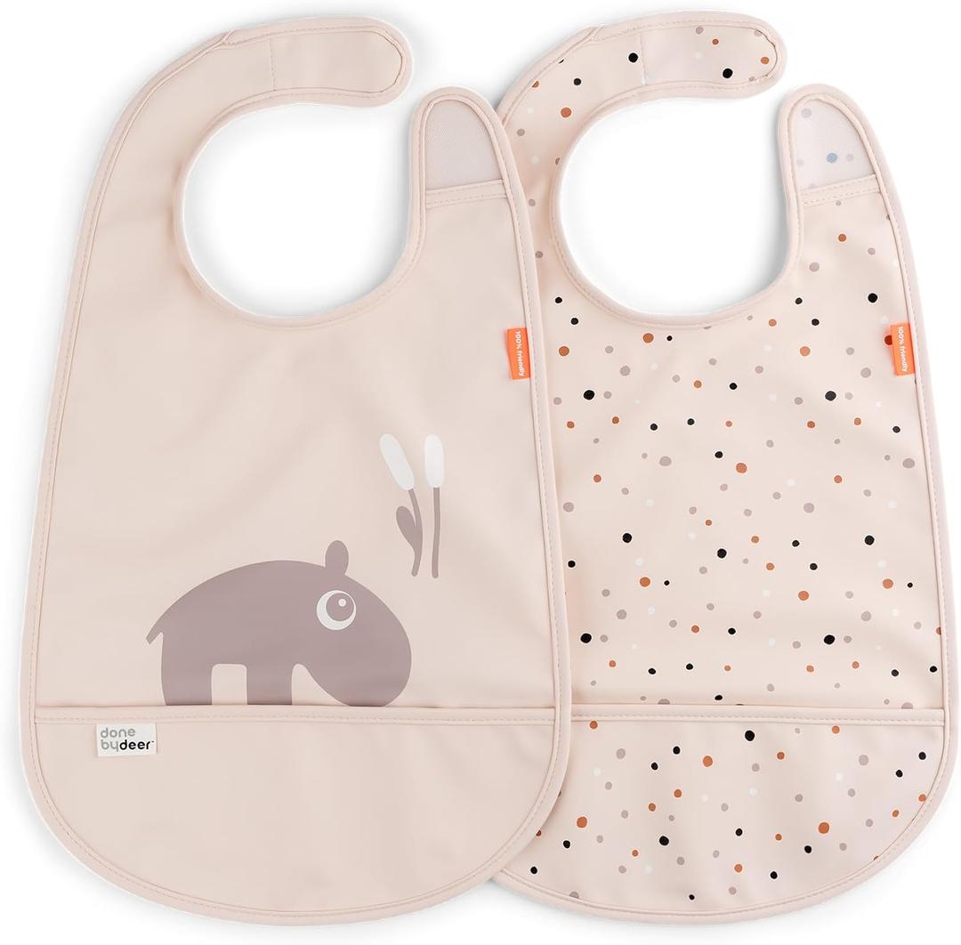Done by Deer Bibs with Velcro Closure - 2 Pack Waterproof Bibs with Food Catcher Pocket, Soft and Durable, Easy to Clean (Powder)