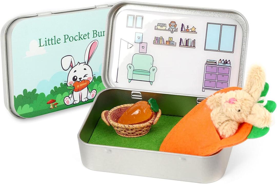 JULEASEL Little Pocket Bunny, Easter Basket Stuffer, Easter Gifts for Kids, DIY Pet Bunny Adoption, Easter Baskets, Cute Rabbit in Tin Box, Travel Buddy