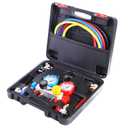 JIFETOR 4 Way AC Manifold Gauge Set, HVAC Diagnostic Refrigerant Charging Tool for Auto Household R404A R134A R410A, with 5FT Hose, Adjustable Quick Coupler, Adjustable Can Tap, Tank Adapters