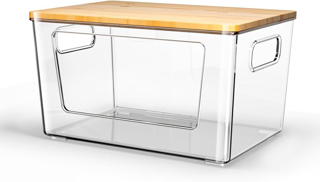 spospo Trash Bag Holder with Bamboo Lid, Stackable Trash Bag Dispenser, Extra Large Storage for Kitchen Laundry Room Under Sink (1Pack)