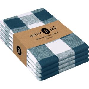 Native Fab 4-Pack Kitchen Towel with Hanging Loop 16x26 inches, Cotton Buffalo Check Kitchen Towels for Cleaning Drying, Washcloths Soft & Absorbent Cloth Rags, Bar Towel, Dish Cloth, Teal Green