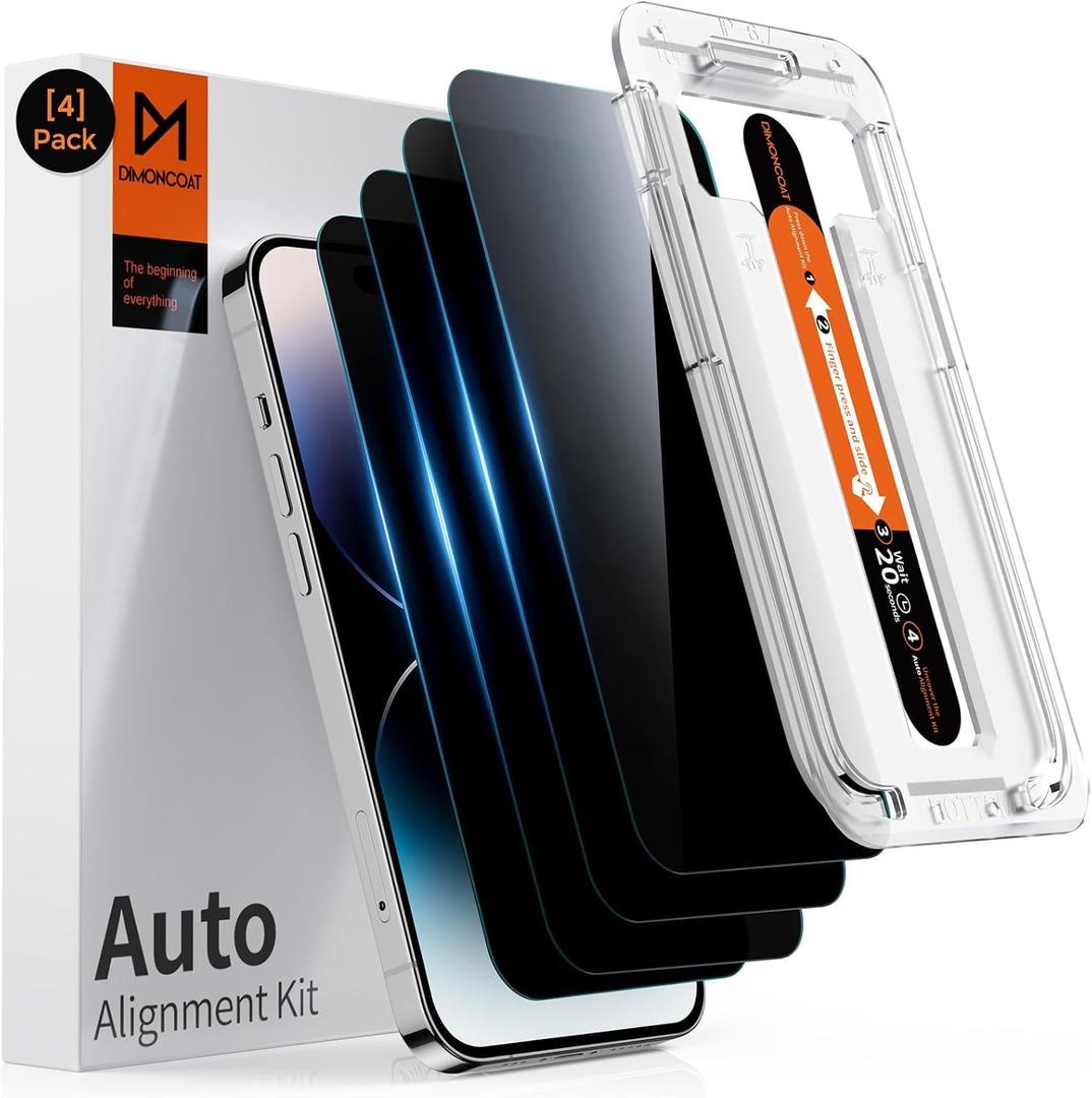 DIMONCOAT 4-PACK TOP 9H+ Glass for iPhone 14 Pro Privacy Screen Protector [Auto Alignment Kit] [10X Military Protection] UNBREAK Tempered Glass Film for iPhone 14 Pro 6.1 inch [Case Friendly]
