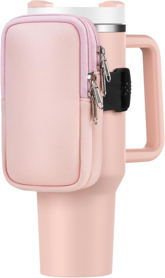 Water Bottle Pouch For Stanley Cup 40oz 30oz, Running Water Bottle Bag for Cards, Keys, Phone, Gym Accessories For Men Women, Travel Tumbler Mug Pouch Compatible With Stanley, Simple Modern (Pink)