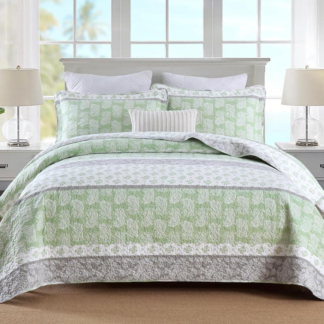 Quilts Queen Size, Cotton Comforter Set, Sage Green Bedding Queen Size, Farmhouse Striped Bedspreads, Lightweight All Seasons 3 Piece (Queen (90"x98"), 01-2 Sage Green/White /Grey)