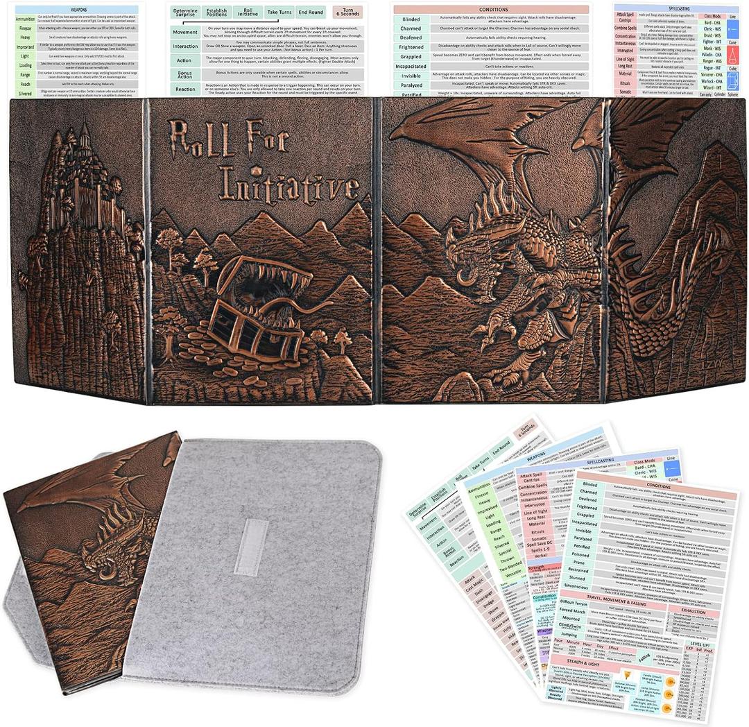 CZYY DND Dungeon Master Screen Faux Leather Embossed Dragon & Mimic, Four-Panel with Pockets DM Screen for Dungeons and Dragon, Pathfinder, D&D
