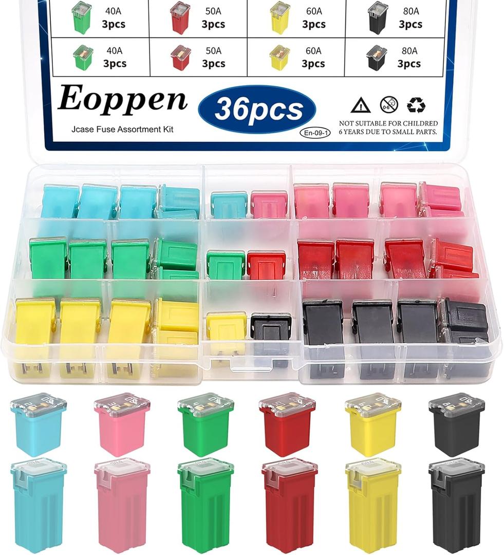 36Pcs Jcase Fuse Car Fuses Assortment Kit Automotive Tall/Standard and Low Profile Jcase Box Shaped Automotive Fuses for Trucks Cars and SUVs (20A, 30A, 40A, 50A, 60A, 80A)
