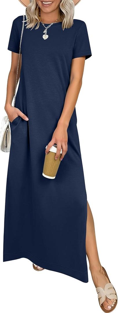 ANRABESS Womens Summer Casual Maxi Dress Short Sleeve Crewneck Split Wrinkle-Free Travel Long Sundress Beach Vacation Clothes (Large, Navy Blue)