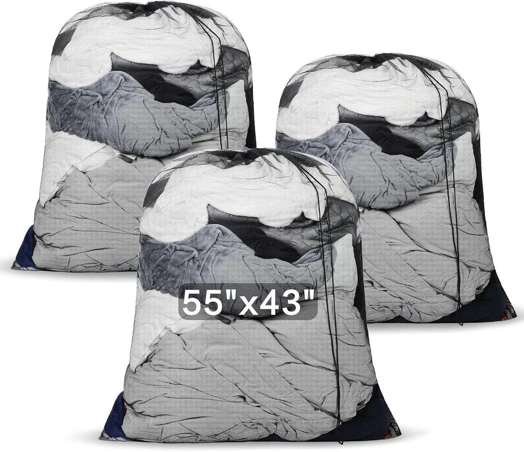 3 Pack Mesh Laundry Bags Extra Large 55" x 43" Sturdy Material Laundry Liner with Drawstring Closure Black Washable Hamper Liner for Factories College Dorm Apartment and Apartment Dweller