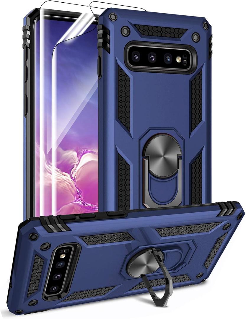 Androgate for Samsung Galaxy S10 Case with HD Screen Protectors, Military-Grade Metal Ring Holder Kickstand 15ft Drop Tested Shockproof Cover Case for Samsung Galaxy S10 (2019) Blue