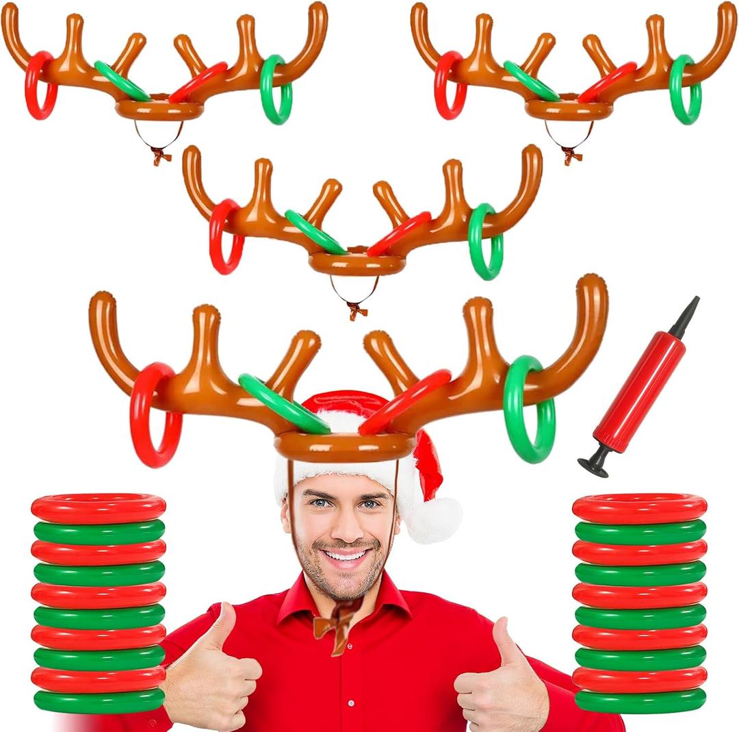 4 Set Inflatable Reindeer Antler Ring Toss Game for Xmas Party, 2025 Christmas Antler Hat Ring Toss Game for Kids Adults, Family Indoor Outdoor Reindeer Toss Game (4 Antlers 16 Rings 1 Pump)