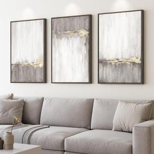 Large Framed Neutral Abstract Wall Art for Living Room, 3 Piece Gray Tan White Gold Canvas Prints, Modern Minimalist Grey Landscape Painting Artworks for Entryway Hallway Office Wall Decor, 24x36 In