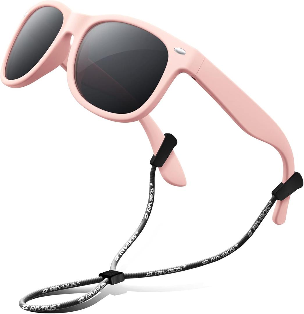 RIVBOS Kids Sunglasses Polarized UV Protection Flexible Rubber Glasses Shades with Strap for Boys Girls RBK004 (Rbk004-2 Light Pink)