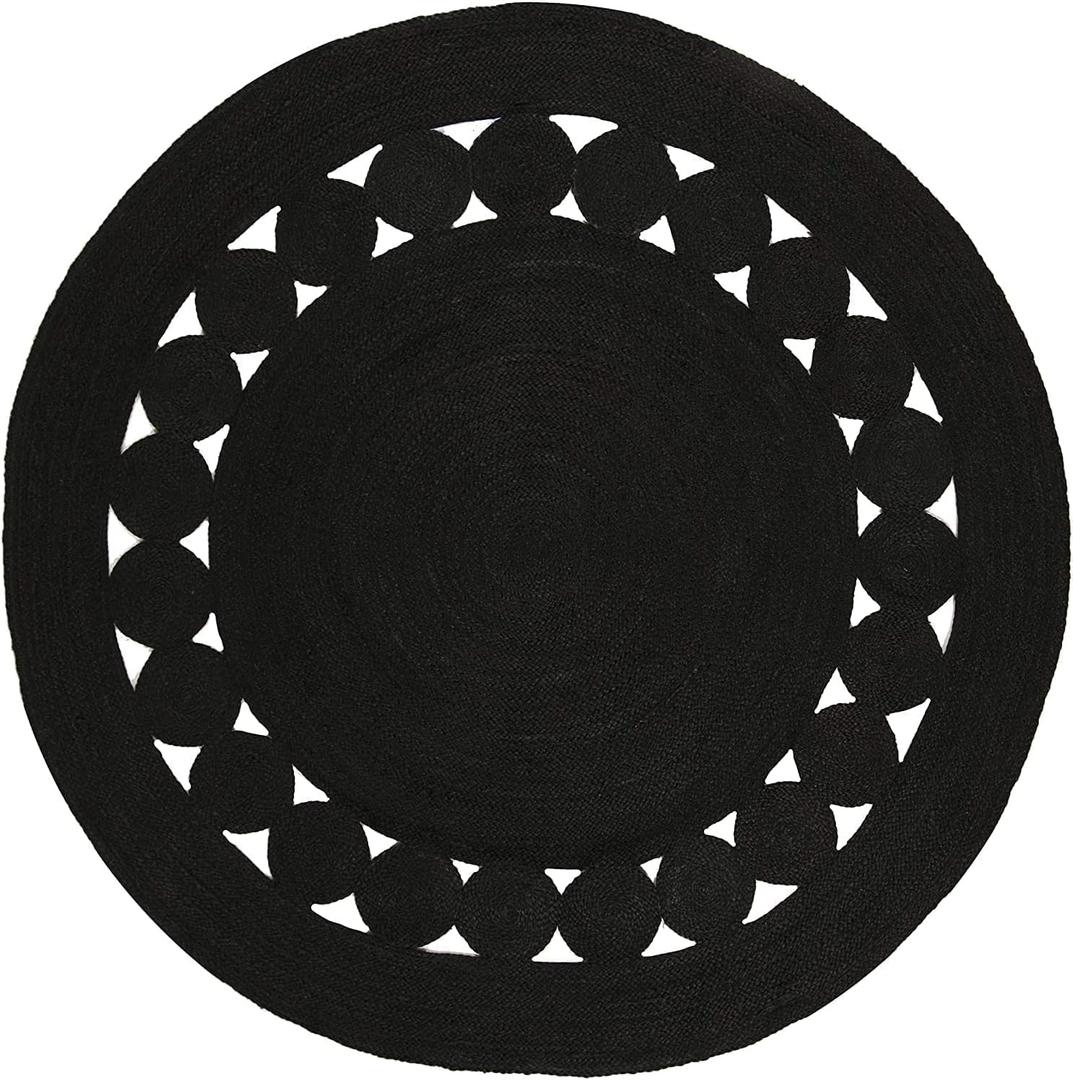 Jute Braided Rug, Round Jute Area Rug, Handmade Boho Farmhouse Style,Ideal for High Traffic Areas in Living Room, Bedroom (Black, 3' x 3')