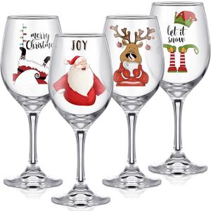 Sliner 4 Pcs Christmas Glasses 16.8 oz Santa Deer Drinking Goblets Cups with Stem Funny Stemmed Drinkware Gifts for Lover Xmas Holiday Party Supplies(Elegant Style)