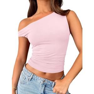 Trendy Queen Off The Shoulder Tops for Women Going Out Y2K Summer Cute Shirts Sexy 2025 Double Lined Spring Club Outfits (Pink) Large