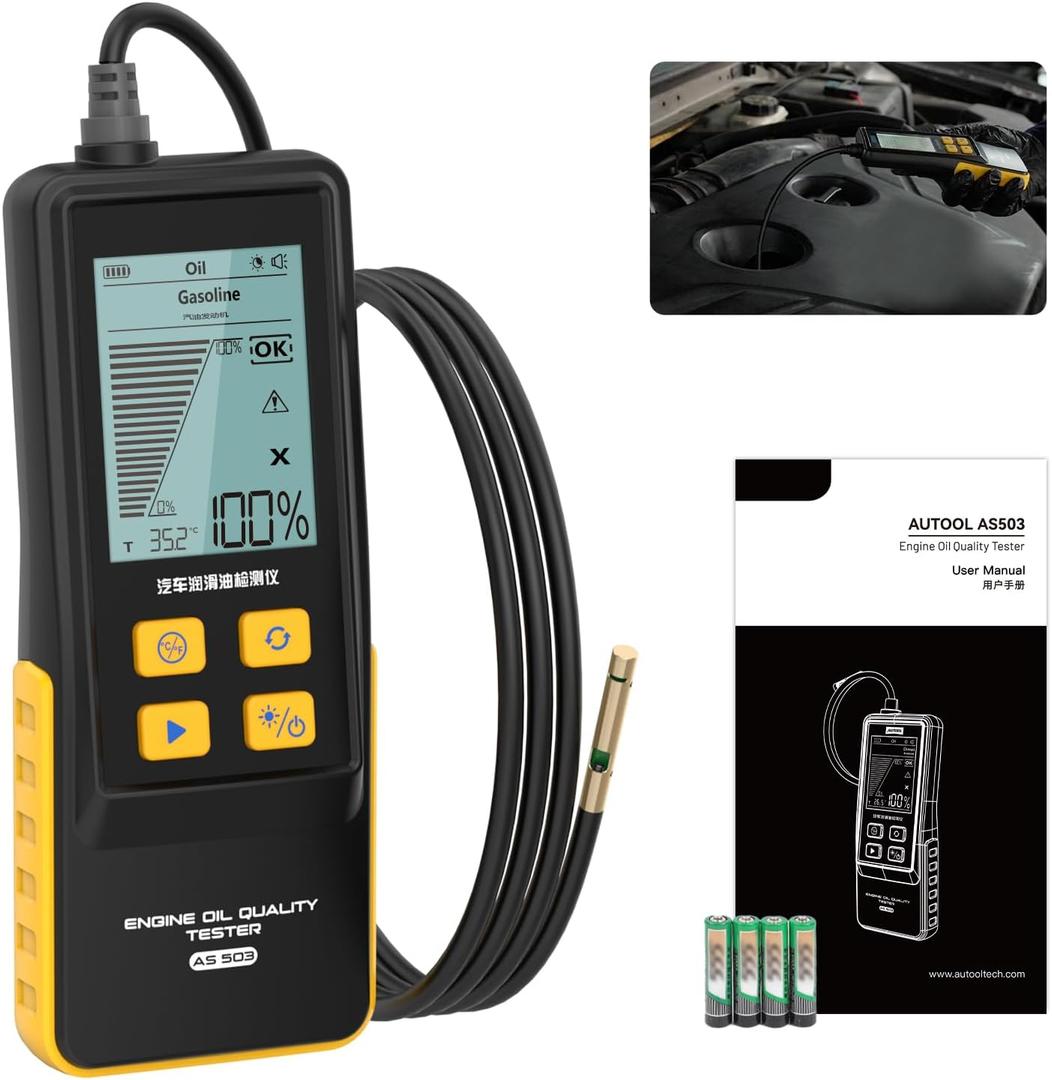 Engine Oil Tester & Motorcycle Oil Change Kit- Gasoline/Diesel Diagnostic Tool, 31.5in Probe, Temp Test, 2.8in Display (4 Batteries)
