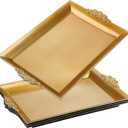 4 Pcs Gold Tray 14" x 10" Rectangle Decorative Plastic Serving Trays with Embossed Rims for Party Anniversary Wedding Bridal Shower, Baby Shower, Birthday, Cake Dessert Display