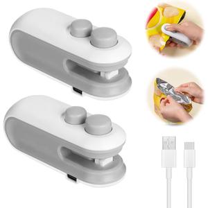 2Pcs Mini Bag Sealer, Rechargeable Heat Sealing Machine, 2 in 1 Chip Bag Sealer with Cutter and Magnet, Portable Bag Resealer Machine, Handheld Food Sealer for Snack Plastic Bags Food Storage, White