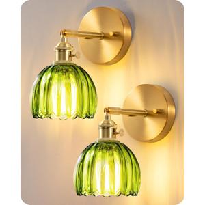 EDISHINE Hardwired Wall Sconces Set of Two, Vintage Wall Lighting Fixture with Green Tulip Glass Lampshade 180 Degree Adjustable, Brass Gold Wall Lamp for Bedroom Living Room Hallway Bathroom