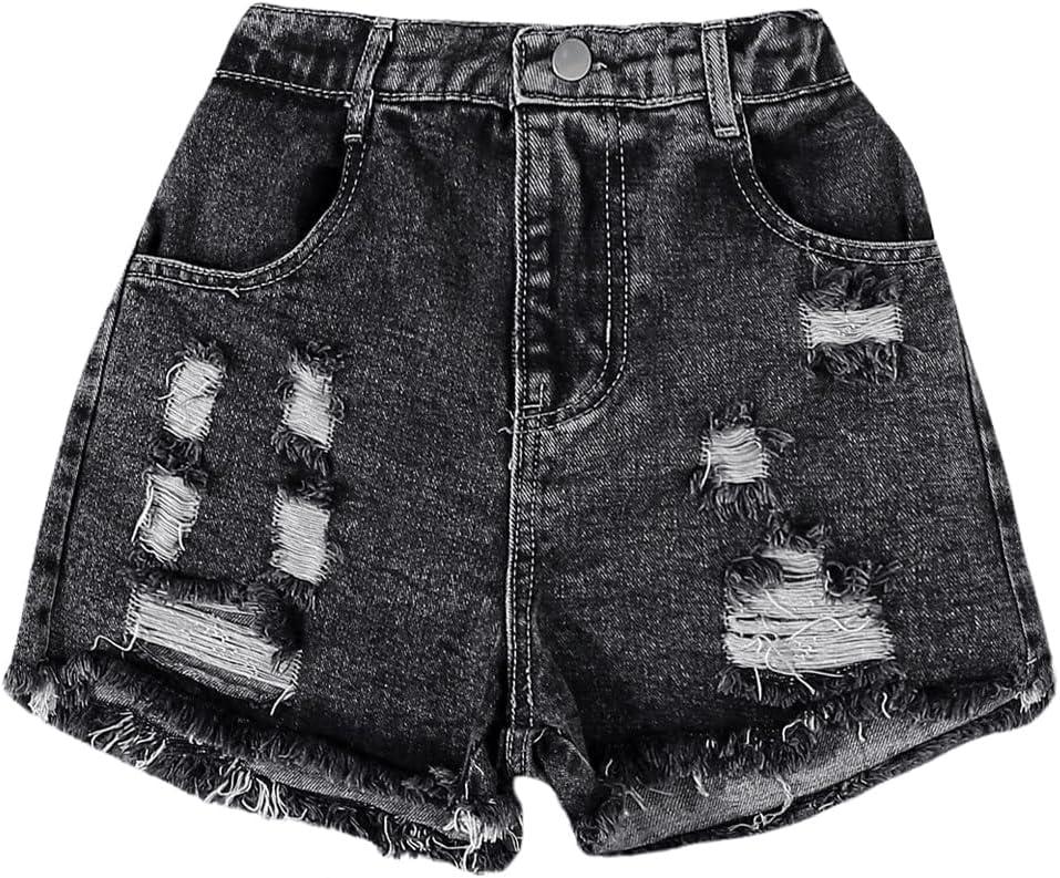 Floerns Girl's Ripped Raw Hem Elastic Waist Straight Leg Denim Shorts with Pockets (Dark Grey ,10 yrs old)