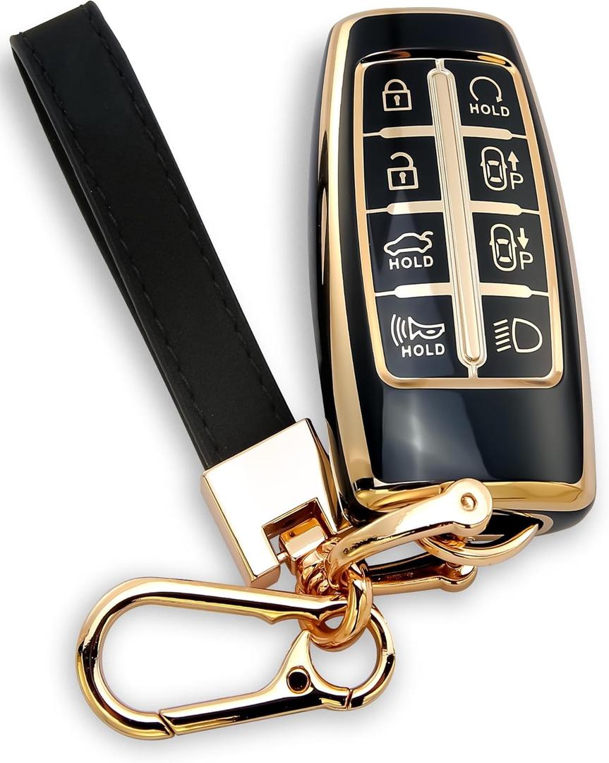 Compatible with Genesis Key Fob Cover, Gold Keychains, for G80 GV80 GV70 G90 2021 2022 2023 6 8 Buttons TPU Genesis Accessories Car Key Case Shell (Black)