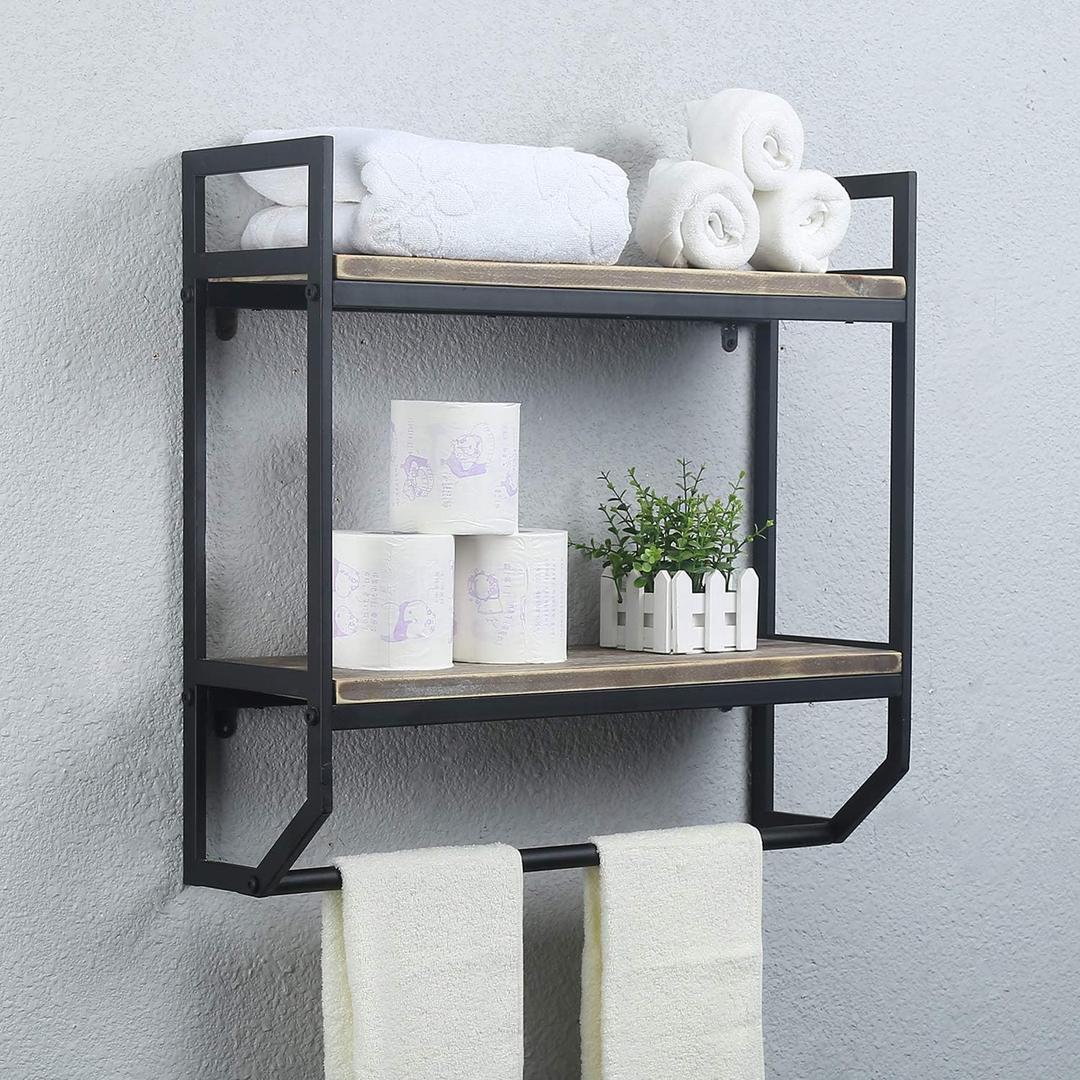 Towel Rack with Towel Bar,2-Tier 24" Bathroom Shelves Wall Mounted, Rustic Wall Shelf Over Toilet, Utility Storage Shelf Rack, Floating Shelves Towel Holder, Black