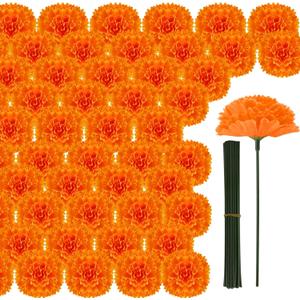 Hananona 50Pcs Artificial Marigold Flower Heads, Silk Marigold Heads Bulk Fake Flowers for Dia De Los Muertos Decor DIY Marigold Garland Day of The Dead Decorations (Orange)