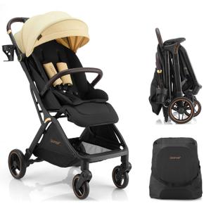 Gromast Gravity Folding Baby Stroller - Portable Travel Toddler Stroller w/Adjustable Backrest, Canopy & Cup Holder, Lightweight and UV Protected, One-Hand Automatic Folding - Beige