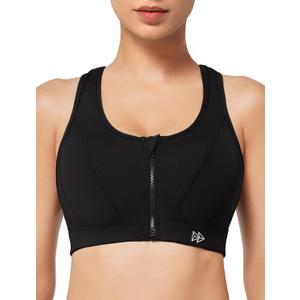 Yvette Zip Front Sports Bra - High Impact Sports Bras for Women Plus Size Workout Fitness Running (XX-Large, Black)