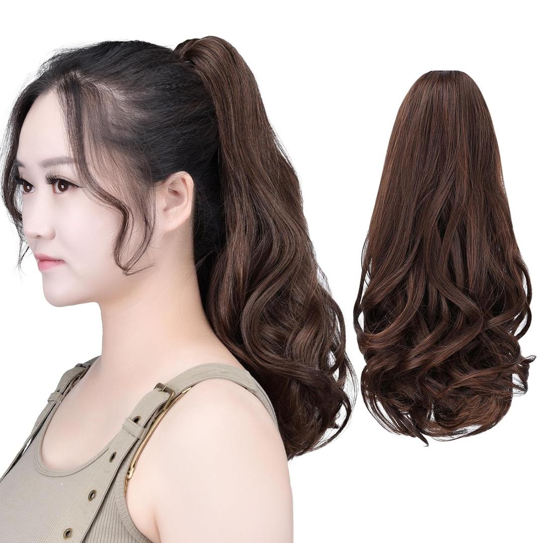SYXLCYGG Brown Ponytail Extensions Claw Clip Pony tail 16" Wavy 4.5 OZ Synthetic Like Real Hair Fake Hair piece Yaki Women Easy To Use Fluffy Tangled (Medium Brown Mix)