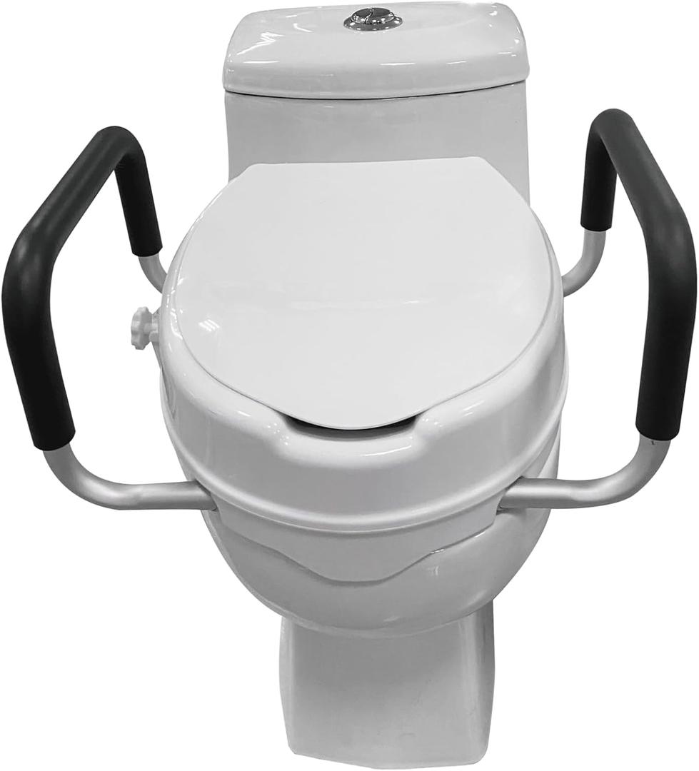 Raised Toilet Seat with Handles for Elongated Toilets  Portable Commode Riser for Seniors, Disabled, or Injured  Easy Tool-Free Install, Anti-Slip Arms, Heavy-Duty 300 lb Support