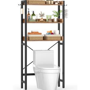 Ecoprsio Over-The-Toilet Storage Rack, 3-Tier Bathroom Organizer Shelf Over Toilet, Freestanding Space Saver Toilet Stands with 4 Hooks, Rustic Brown