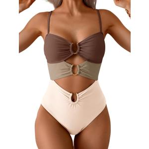 Eomenie One Piece Swimsuit for Women Ring Linked Monokini Sexy Bathing Suit Cutout Swim Suit (Size XX-Large, Brown Color Block)