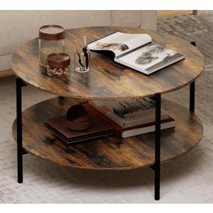 Round Coffee Table, 2-Tier 32.9" Circle Coffee Tables with Storage Wood Rustic Farmhouse Center Circular Coffee Table for Living Room Bedroom Balcony Office - Walnut