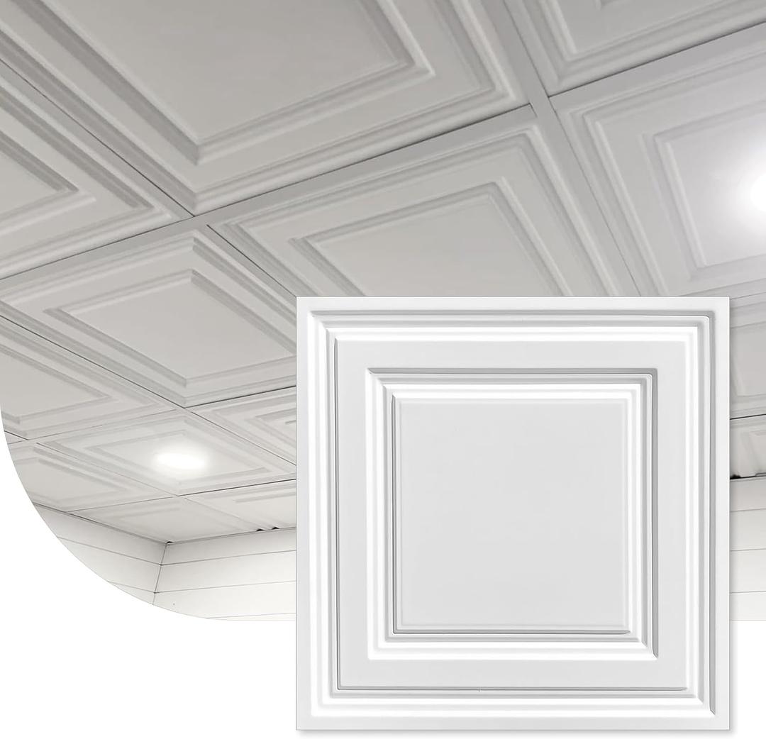 Noooza 2ft x 2ft Drop Ceiling Tiles, White Icon Relief Ceiling Tiles 24 x 24in.Waterproof, Washable and Fire-Rated - Reusable - High-Grade PVC to Prevent Breakage Cover 48 Sq. Ft, Pack of 12 Tiles