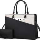 LOVEVOOK Laptop Tote Bag for Women, Waterproof Leather Business Office Work Bag Computer Briefcase with Small Clutch fit for 17.3 Inch Laptop,Black-Beige