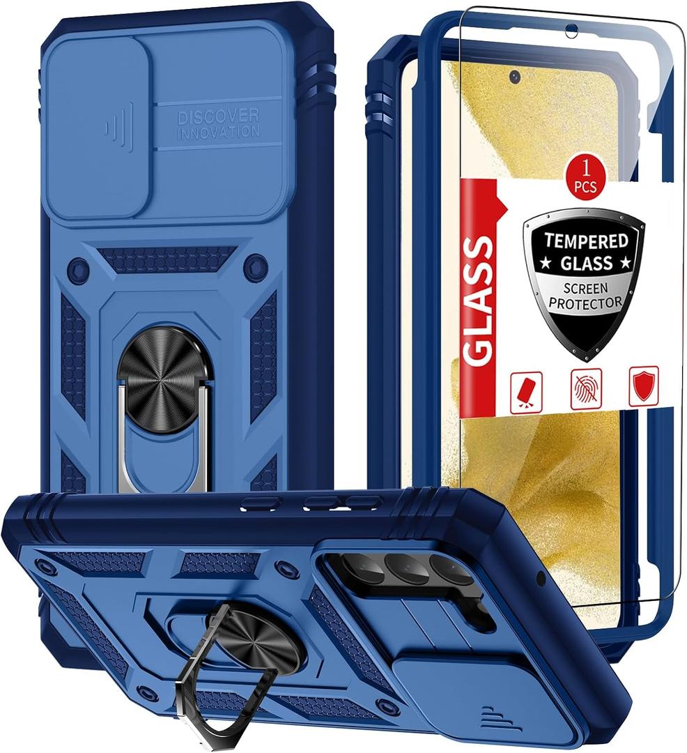 Compatible with Samsung Galaxy S22 Case with 1 Screen Protector,Built-in 360 Kickstand Ring,with Camera Cover Dustproof Shockproof Military Grade Drop Heavy Duty Protection Phone Bumper, Blue