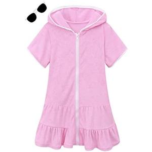 LUCKYGAL Girls Swim Cover Up Kids Swimsuit Coverup Terry Zip-Up Beach Bathing Suit Wraps with Sunglasses, 6