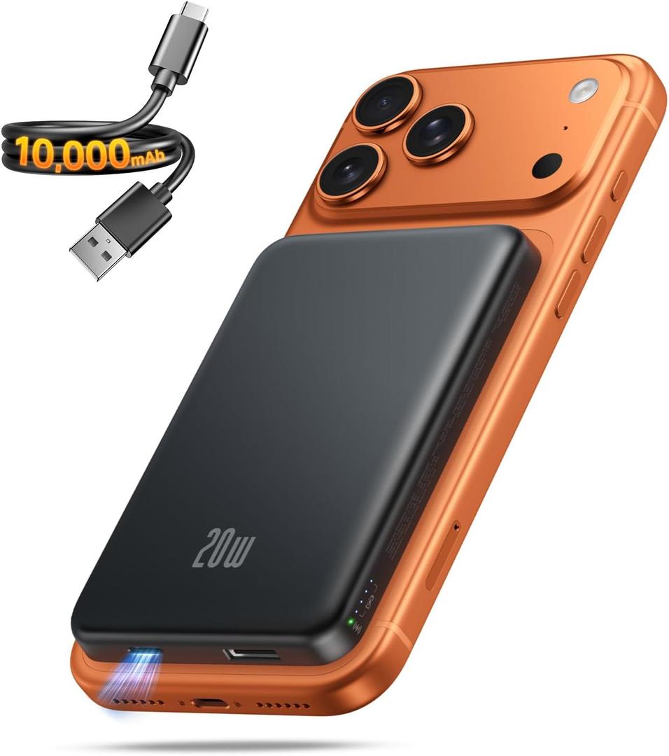 Portable Charger for Magsafe Power Bank - 10000mAh Magnetic Phone Charger, USB-C 20W PD Fast Charging, Slim Wireless Battery Pack for iPhone 17/16/15/14/13/12 Series, for Travel Cruise Essentials, Black