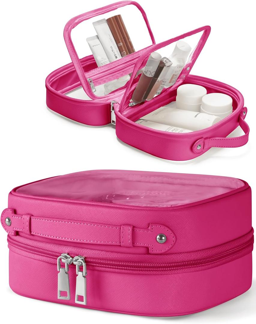 Clear Cosmetic Bag Double Layer Travel Toiletry Bag Clear Makeup Bag Case with 4 Compartments, Transparent Travel Bag for Toiletries, Large Toiletry Bag for Women Cosmetic Case (Hot Pink, Small)