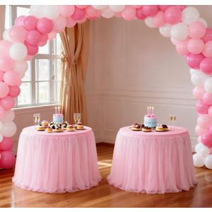 48-Inch Pink 2-in-1 Tulle Table Skirt for 4-Foot Round Table Stretch Spandex Fitted Cover, Light & Elegant with Ruffle, Wrinkle-Resistant For Wedding, Birthday, Baby Shower & Party Decor, 2Pack